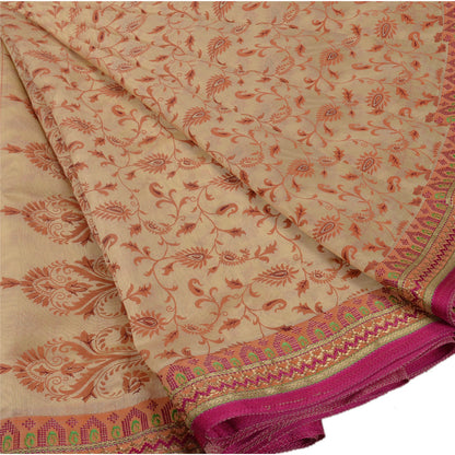 Sanskriti Vintage Art Silk Sarees Cream Printed Sari Craft Zari Border Fabric