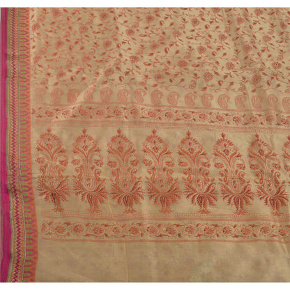 Sanskriti Vintage Art Silk Sarees Cream Printed Sari Craft Zari Border Fabric