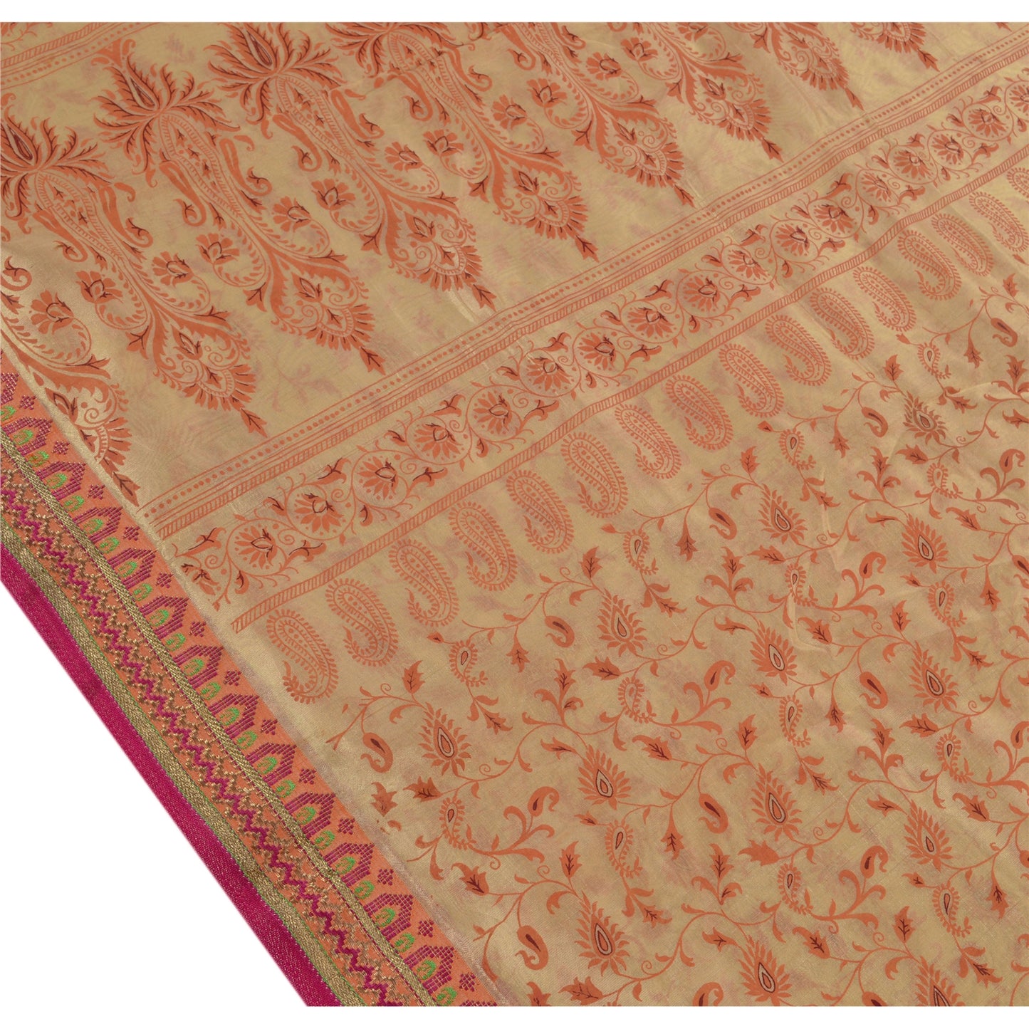 Sanskriti Vintage Art Silk Sarees Cream Printed Sari Craft Zari Border Fabric