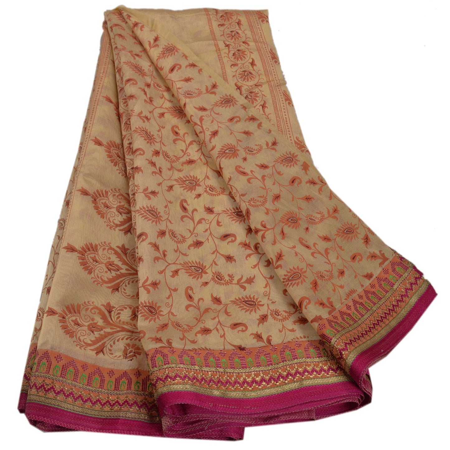 Sanskriti Vintage Art Silk Sarees Cream Printed Sari Craft Zari Border Fabric