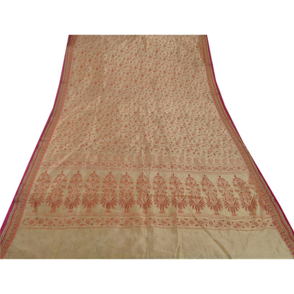 Sanskriti Vintage Art Silk Sarees Cream Printed Sari Craft Zari Border Fabric