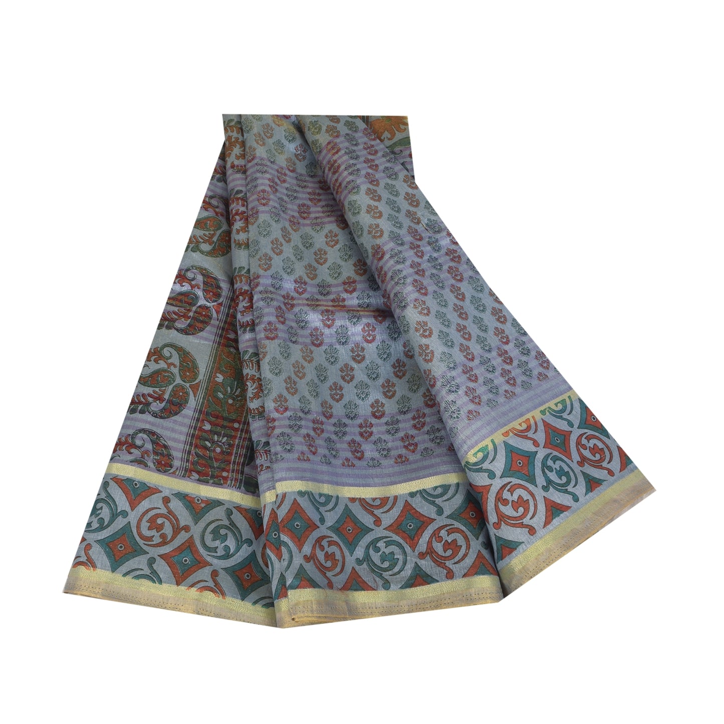 Sanskriti Vintage Art Silk Sarees Grey Painted Indian Sari Craft 5 Yard Fabric