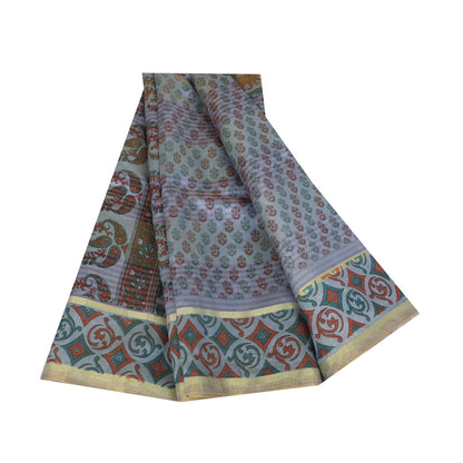 Sanskriti Vintage Art Silk Sarees Grey Painted Indian Sari Craft 5 Yard Fabric