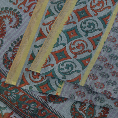 Sanskriti Vintage Art Silk Sarees Grey Painted Indian Sari Craft 5 Yard Fabric