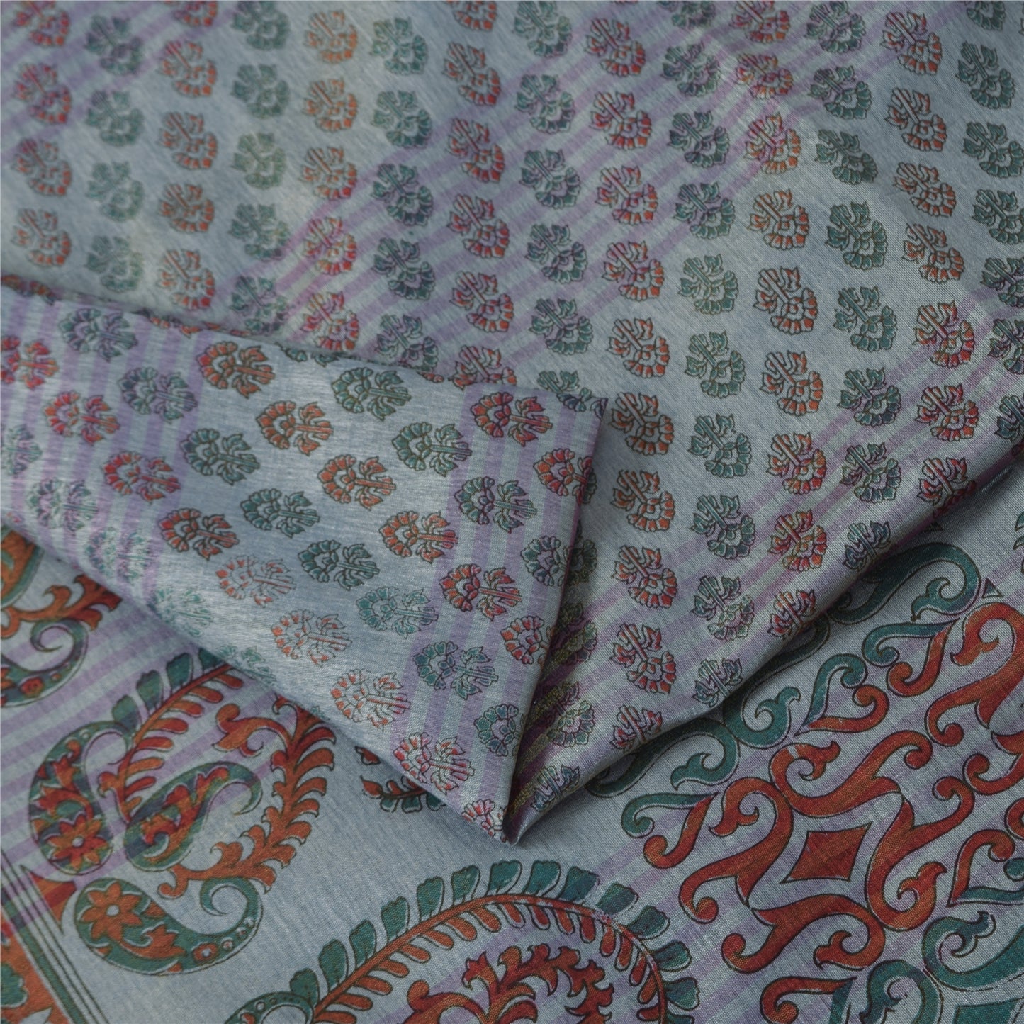 Sanskriti Vintage Art Silk Sarees Grey Painted Indian Sari Craft 5 Yard Fabric
