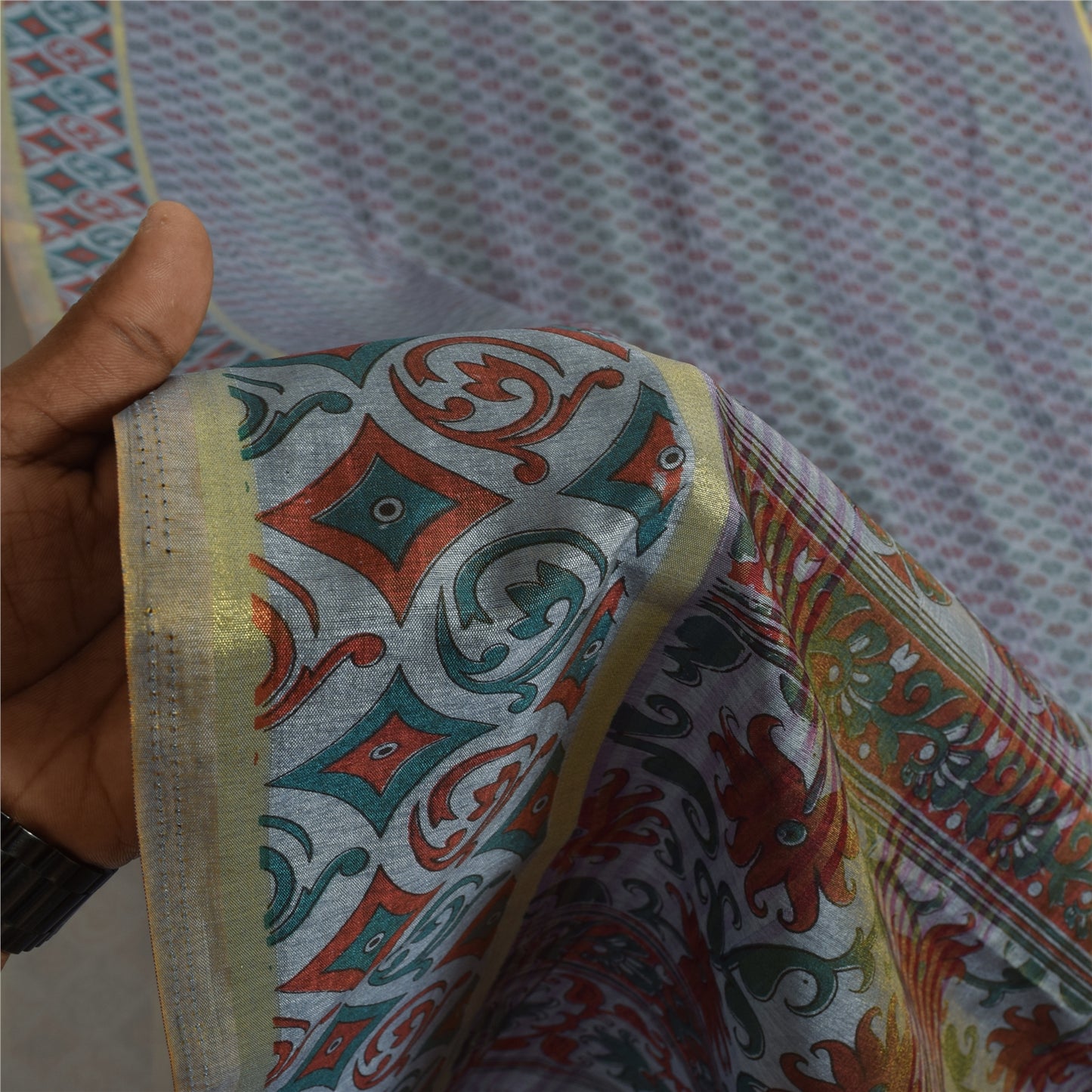 Sanskriti Vintage Art Silk Sarees Grey Painted Indian Sari Craft 5 Yard Fabric