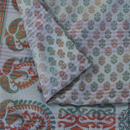 Sanskriti Vintage Art Silk Sarees Grey Painted Indian Sari Craft 5 Yard Fabric