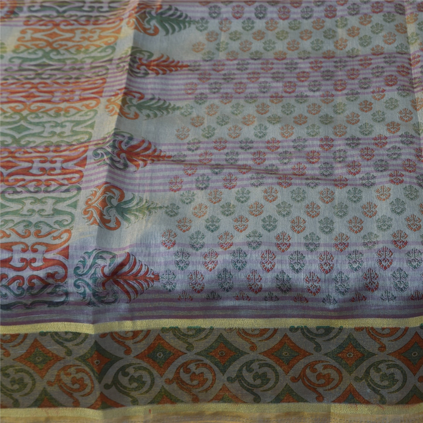 Sanskriti Vintage Art Silk Sarees Grey Painted Indian Sari Craft 5 Yard Fabric