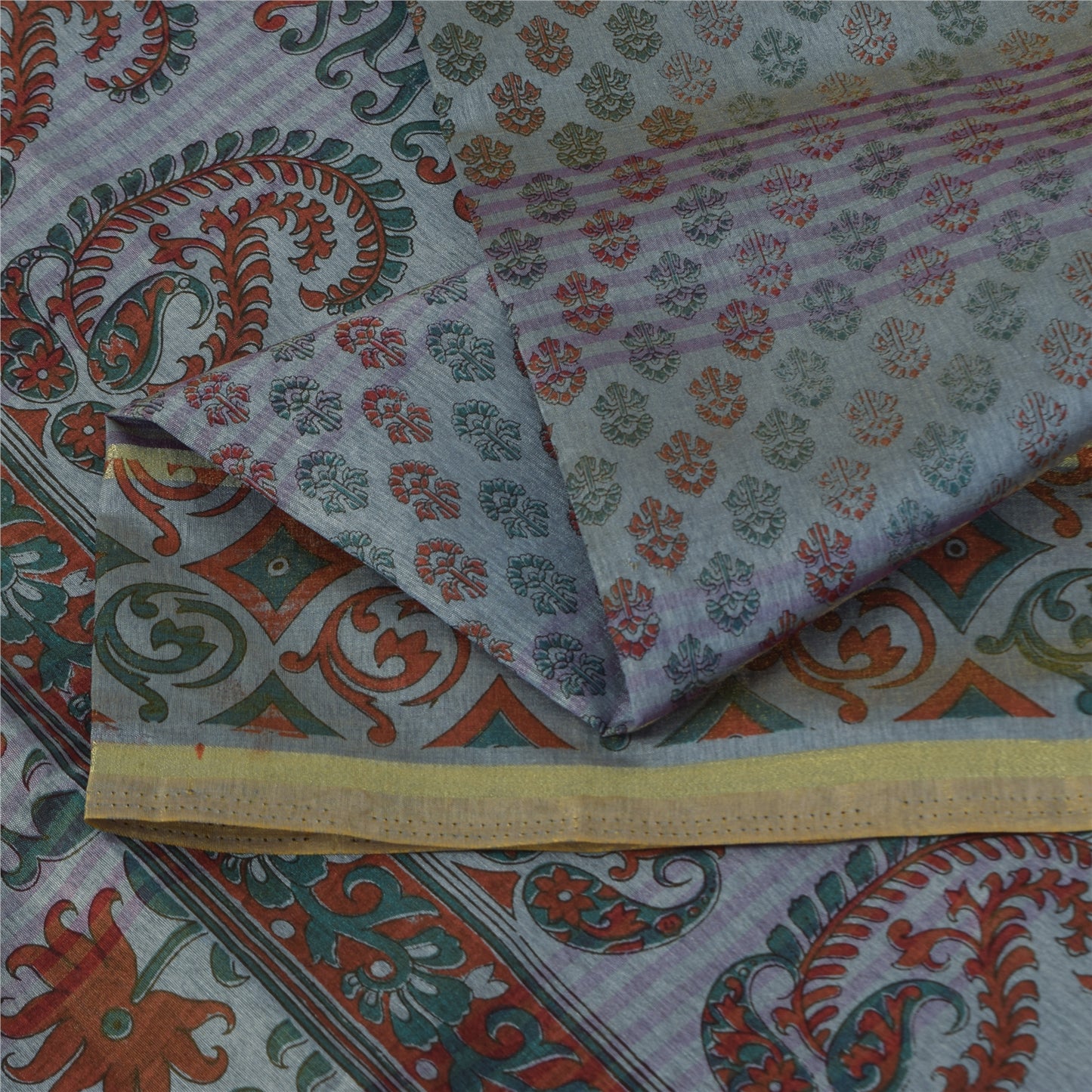 Sanskriti Vintage Art Silk Sarees Grey Painted Indian Sari Craft 5 Yard Fabric