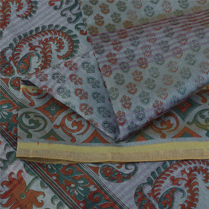 Sanskriti Vintage Art Silk Sarees Grey Painted Indian Sari Craft 5 Yard Fabric