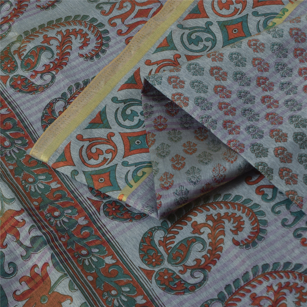 Sanskriti Vintage Art Silk Sarees Grey Painted Indian Sari Craft 5 Yard Fabric