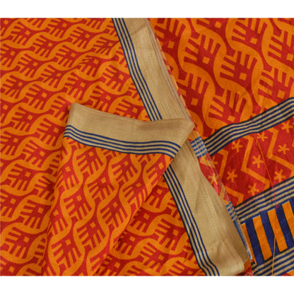 Sanskriti Vintage Yellow Sarees China Silk Printed Floral Fabric Sari 5 YD Craft