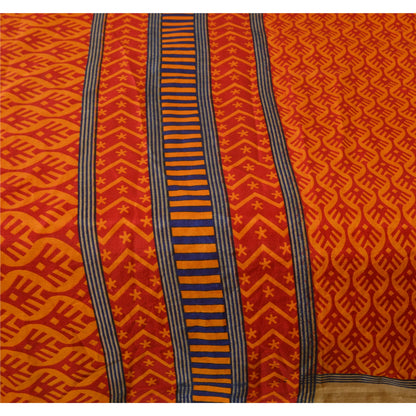 Sanskriti Vintage Yellow Sarees China Silk Printed Floral Fabric Sari 5 YD Craft