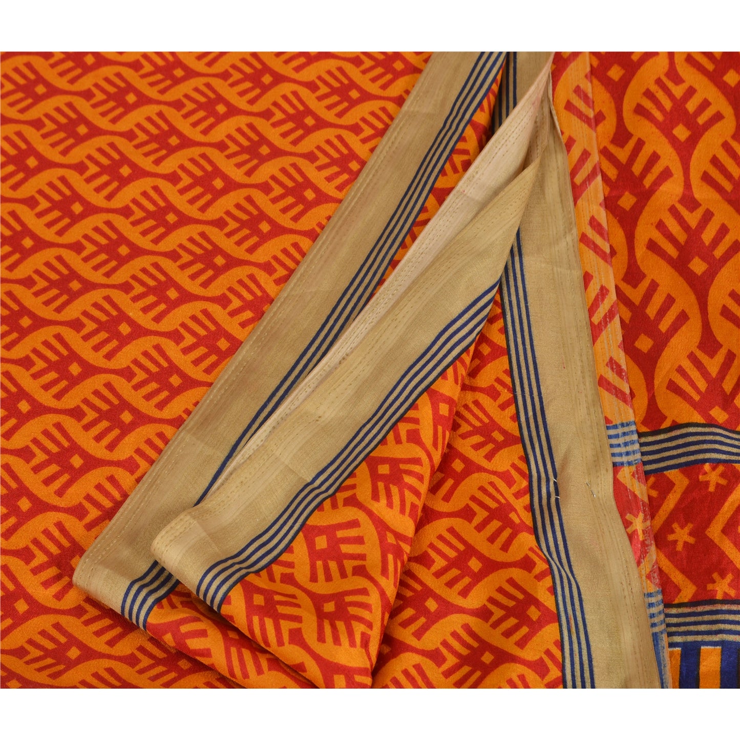 Sanskriti Vintage Yellow Sarees China Silk Printed Floral Fabric Sari 5 YD Craft