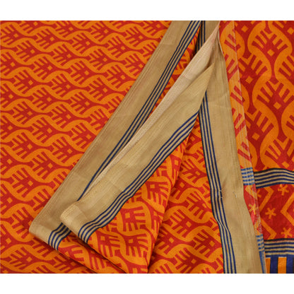 Sanskriti Vintage Yellow Sarees China Silk Printed Floral Fabric Sari 5 YD Craft