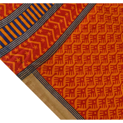 Sanskriti Vintage Yellow Sarees China Silk Printed Floral Fabric Sari 5 YD Craft