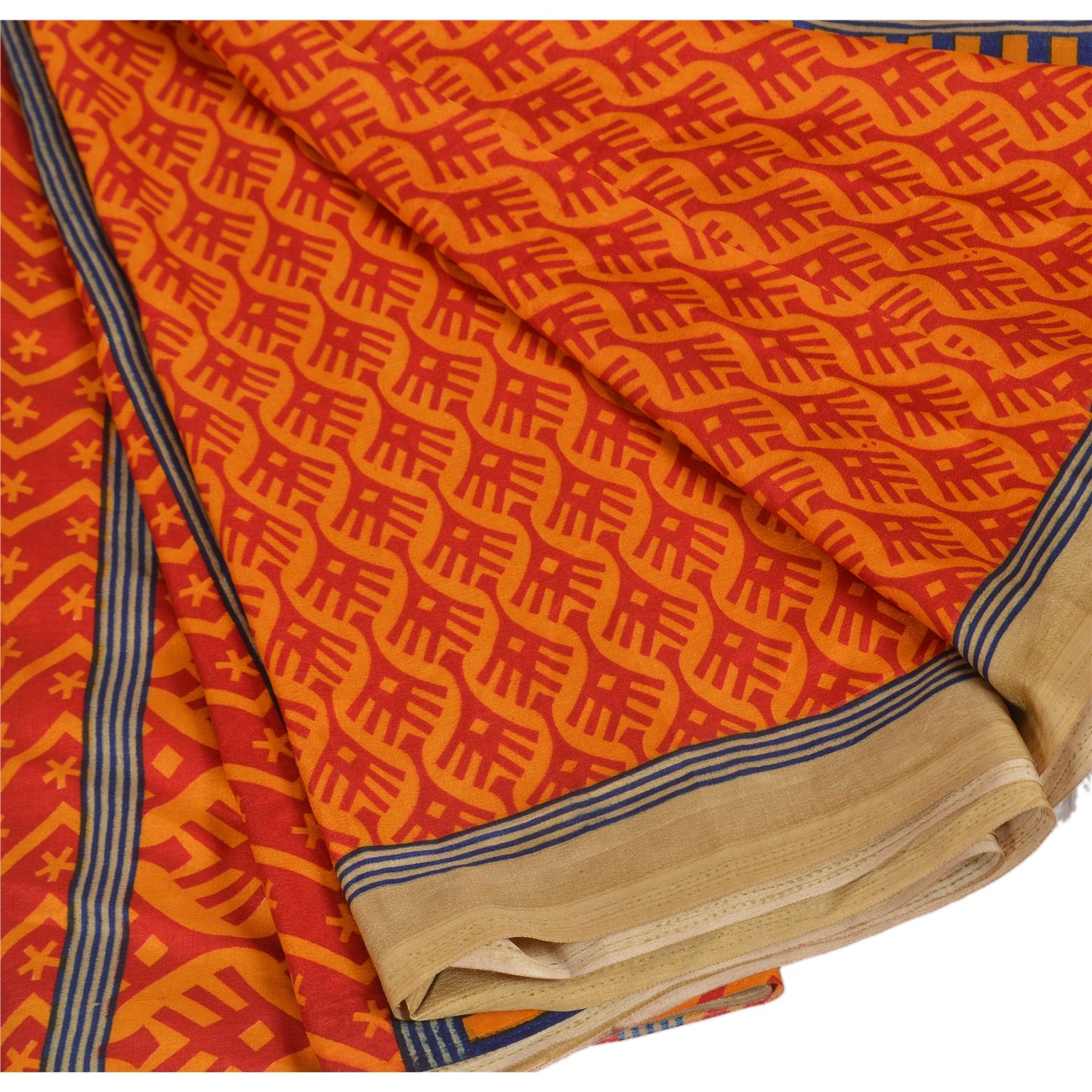 Sanskriti Vintage Yellow Sarees China Silk Printed Floral Fabric Sari 5 YD Craft