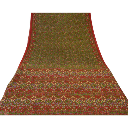 Sanskriti Vintage China Silk Sarees Green Printed Sari Craft 5 Yard Decor Fabric