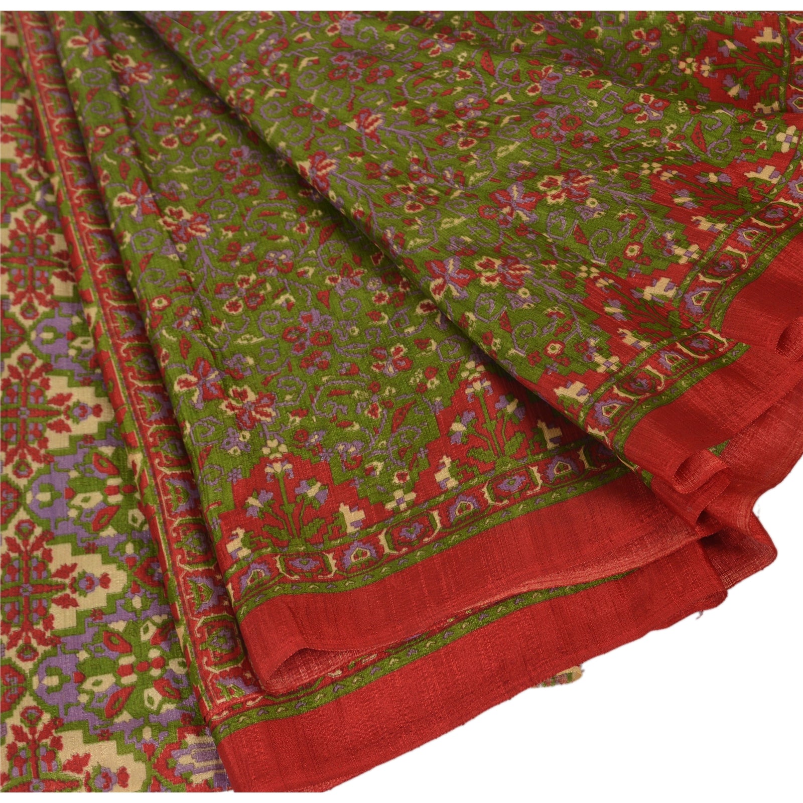 Sanskriti Vintage China Silk Sarees Green Printed Sari Craft 5 Yard Decor Fabric