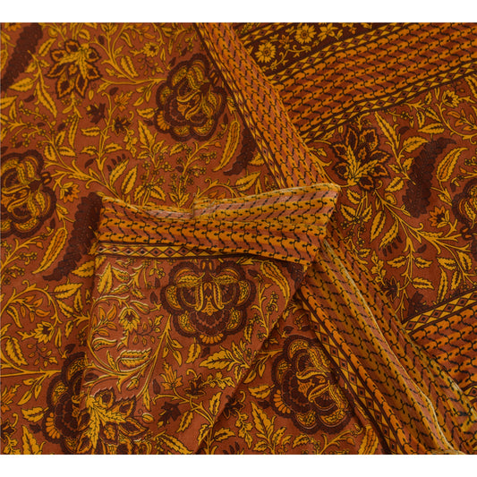 Sanskriti Vintage China Silk Sarees Brown Printed Sari Craft 5 Yard Decor Fabric