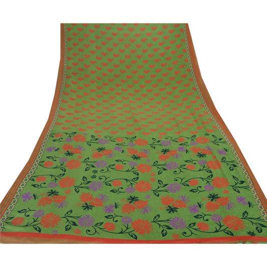 Sanskriti Vintage China Silk Sarees Green Printed Sari Craft 5 Yard Decor Fabric