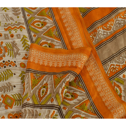 Sanskriti Vintage Printed China Silk Sarees Cream Dress Making Sari Fabric