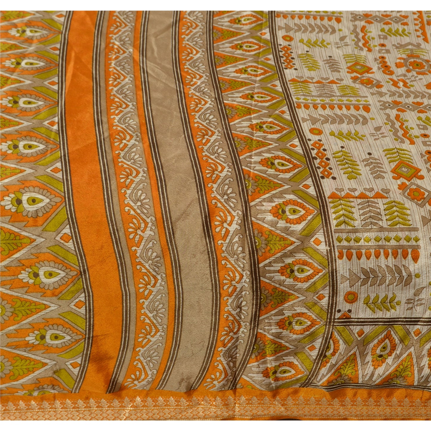 Sanskriti Vintage Printed China Silk Sarees Cream Dress Making Sari Fabric