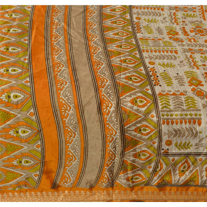 Sanskriti Vintage Printed China Silk Sarees Cream Dress Making Sari Fabric