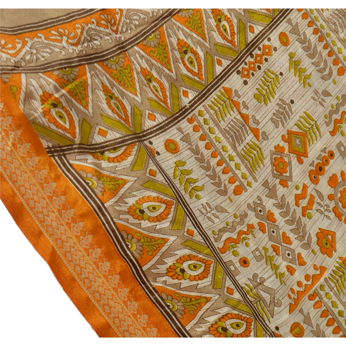 Sanskriti Vintage Printed China Silk Sarees Cream Dress Making Sari Fabric