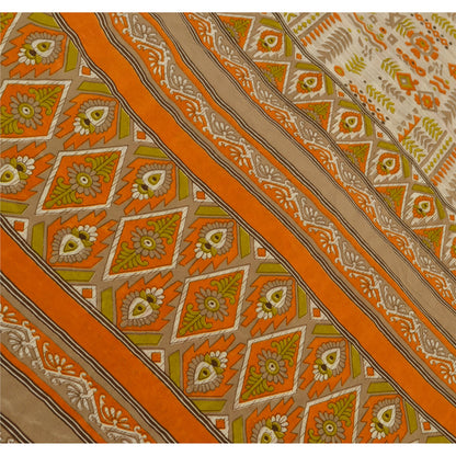 Sanskriti Vintage Printed China Silk Sarees Cream Dress Making Sari Fabric