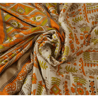 Sanskriti Vintage Printed China Silk Sarees Cream Dress Making Sari Fabric