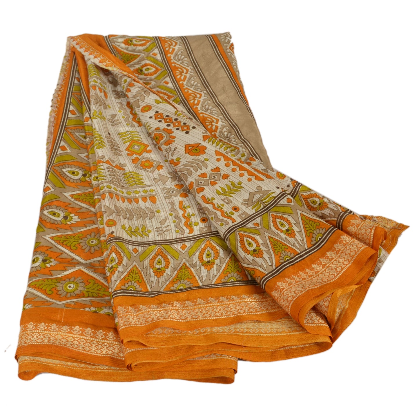 Sanskriti Vintage Printed China Silk Sarees Cream Dress Making Sari Fabric