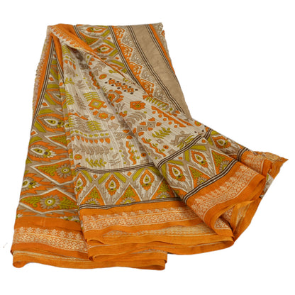 Sanskriti Vintage Printed China Silk Sarees Cream Dress Making Sari Fabric