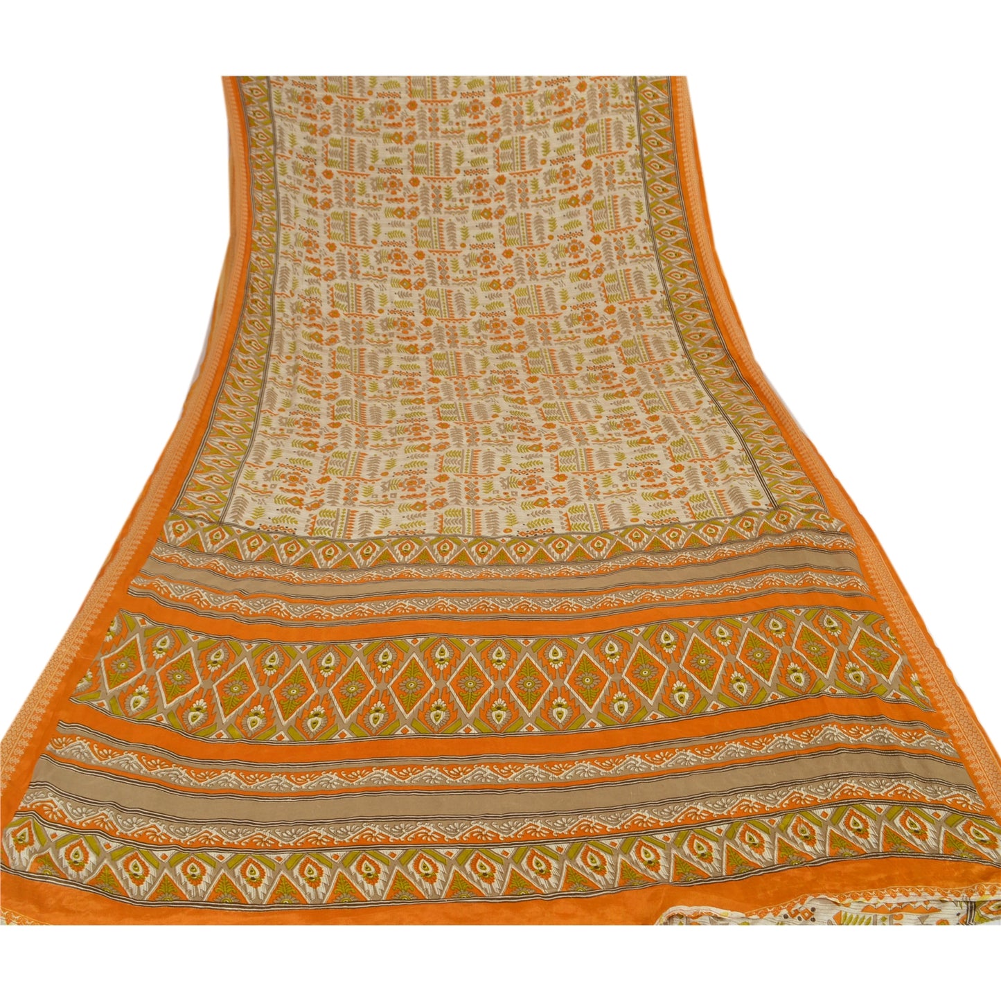 Sanskriti Vintage Printed China Silk Sarees Cream Dress Making Sari Fabric