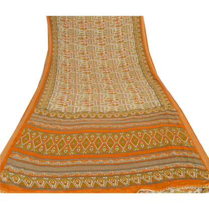 Sanskriti Vintage Printed China Silk Sarees Cream Dress Making Sari Fabric