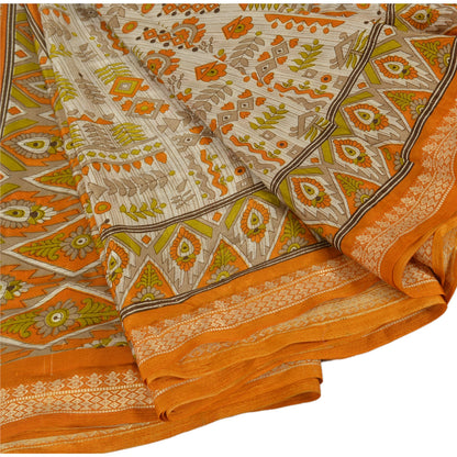 Sanskriti Vintage Printed China Silk Sarees Cream Dress Making Sari Fabric