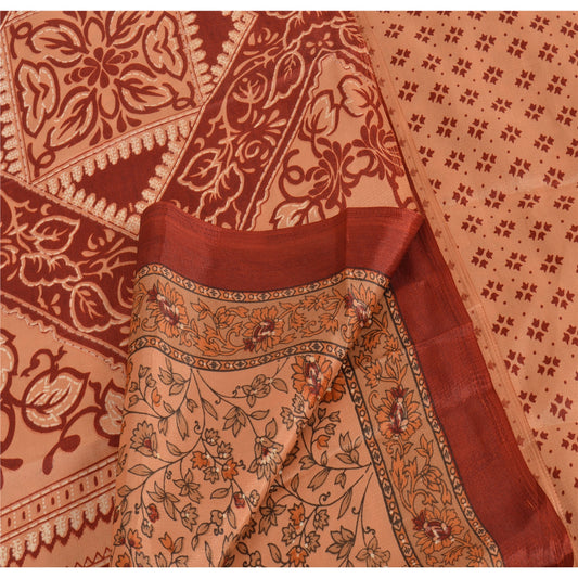 Sanskriti Vintage China Silk Sarees Peach Printed Sari Craft 5 Yard Decor Fabric