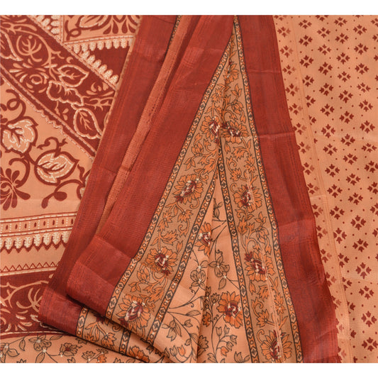 Sanskriti Vintage China Silk Sarees Peach Printed Sari Craft 5 Yard Decor Fabric