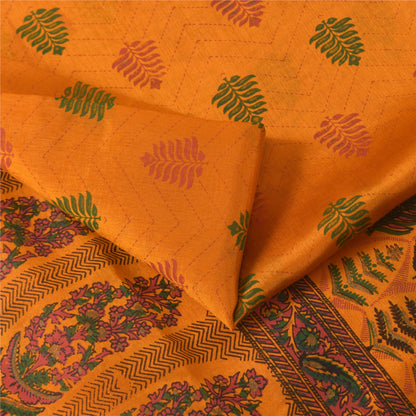 Sanskriti Vintage China Silk Drape Sarees Orange Printed Sari Craft 5 YD Fabric