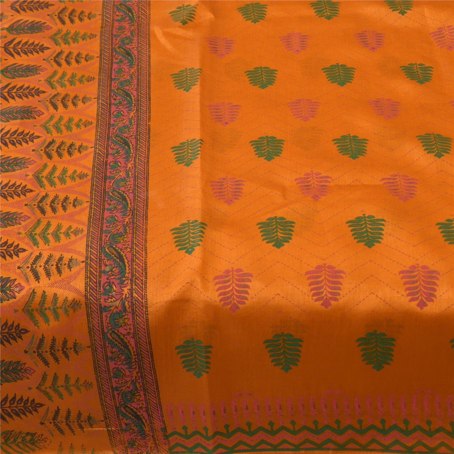Sanskriti Vintage China Silk Drape Sarees Orange Printed Sari Craft 5 YD Fabric
