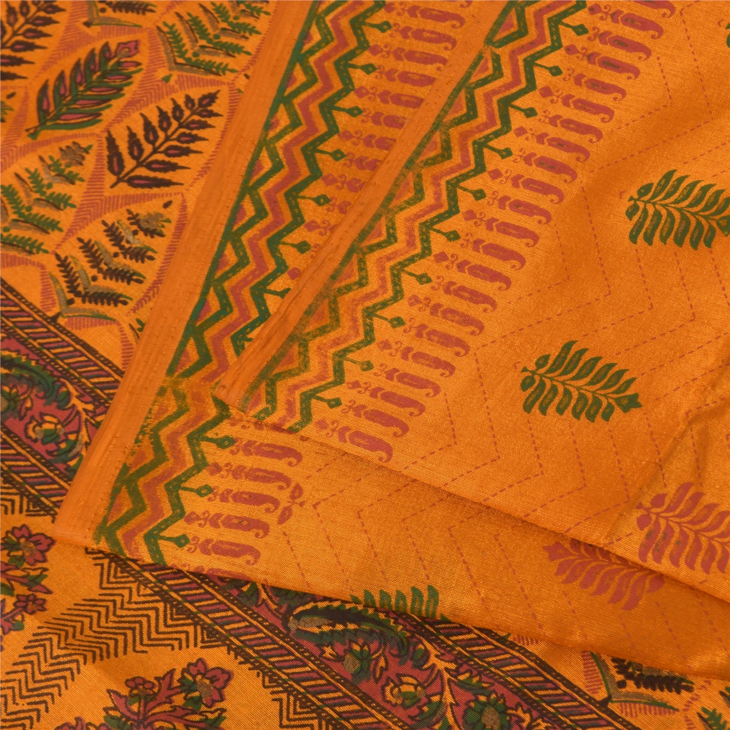Sanskriti Vintage China Silk Drape Sarees Orange Printed Sari Craft 5 YD Fabric