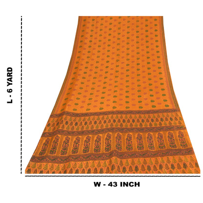 Sanskriti Vintage China Silk Drape Sarees Orange Printed Sari Craft 5 YD Fabric