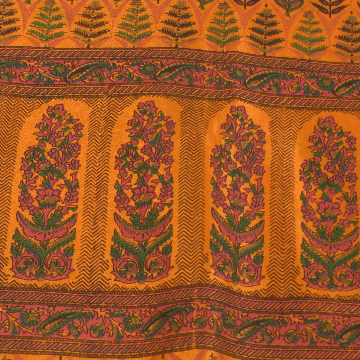 Sanskriti Vintage China Silk Drape Sarees Orange Printed Sari Craft 5 YD Fabric