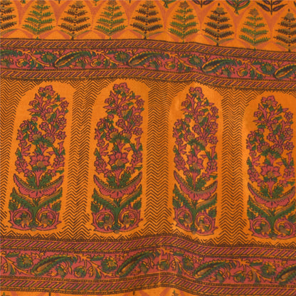 Sanskriti Vintage China Silk Drape Sarees Orange Printed Sari Craft 5 YD Fabric