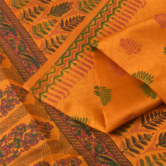 Sanskriti Vintage China Silk Drape Sarees Orange Printed Sari Craft 5 YD Fabric