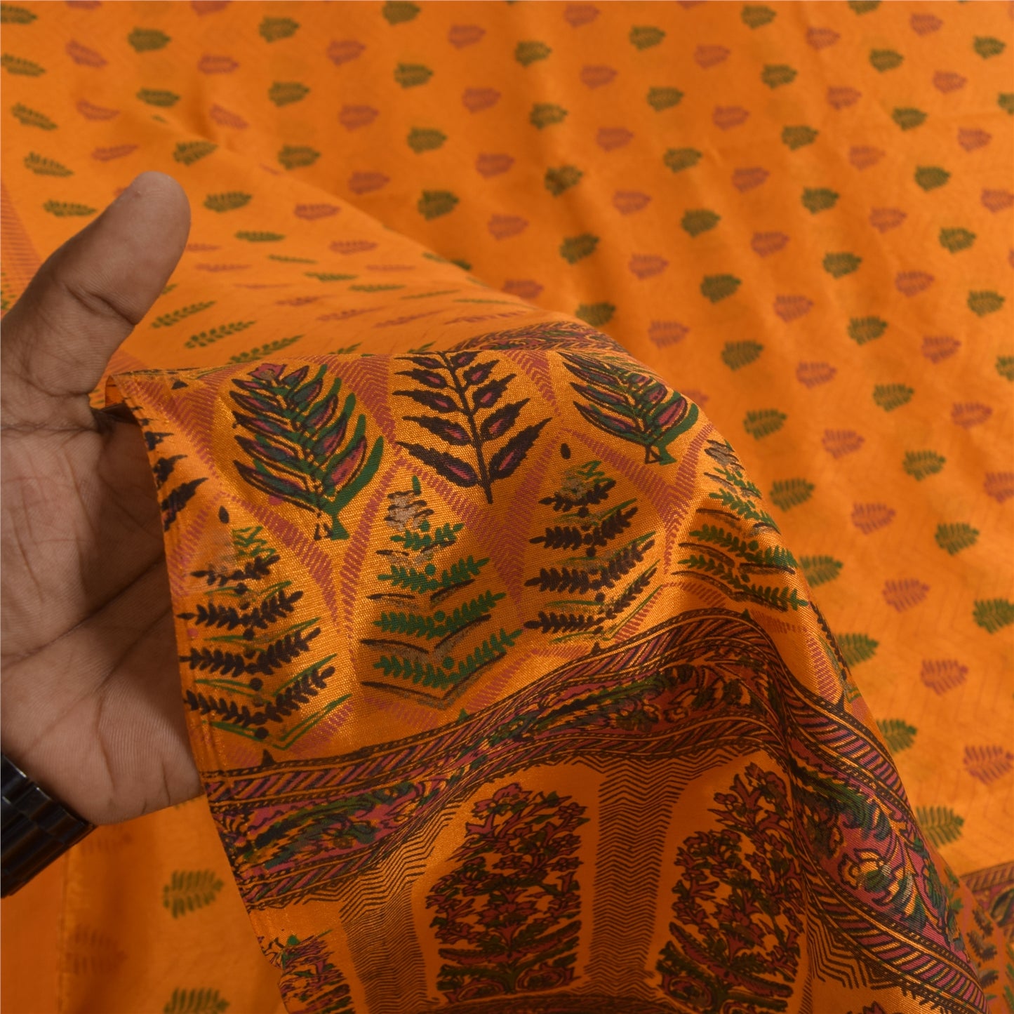 Sanskriti Vintage China Silk Drape Sarees Orange Printed Sari Craft 5 YD Fabric