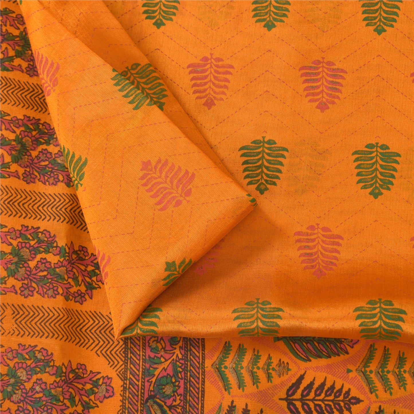 Sanskriti Vintage China Silk Drape Sarees Orange Printed Sari Craft 5 YD Fabric
