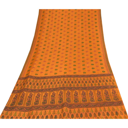 Sanskriti Vintage China Silk Drape Sarees Orange Printed Sari Craft 5 YD Fabric
