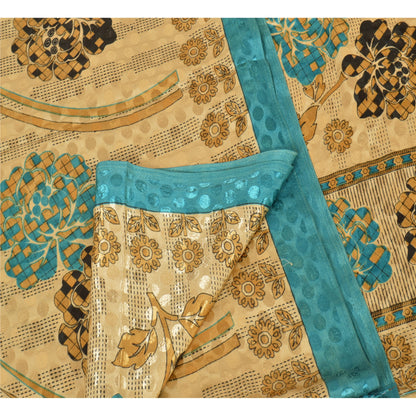 Sanskriti Vintage Indian Printed China Silk Sarees Cream Dress Sari 5 YD Fabric