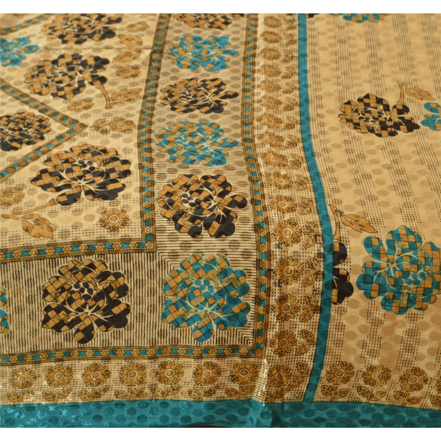 Sanskriti Vintage Indian Printed China Silk Sarees Cream Dress Sari 5 YD Fabric